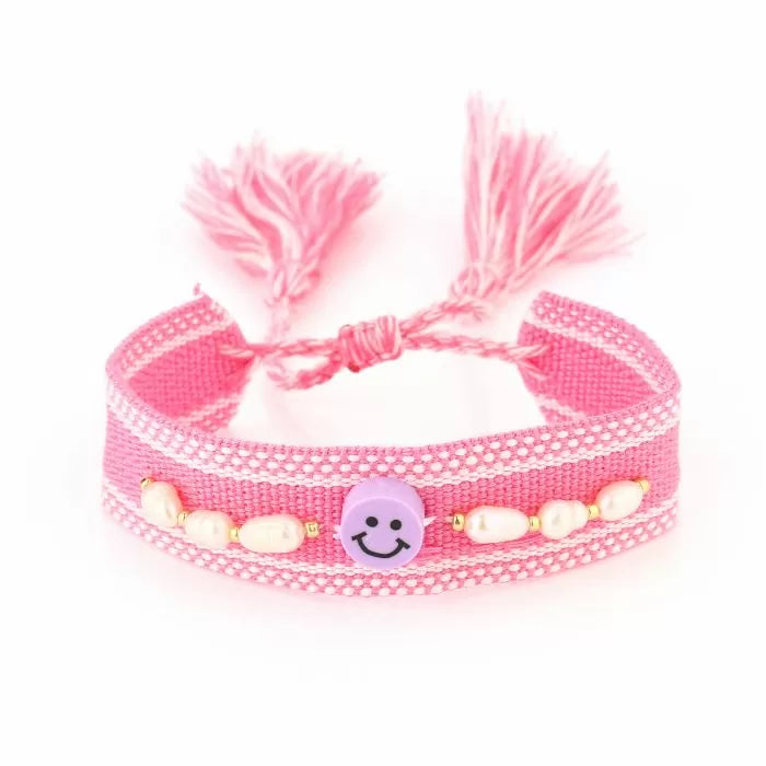 stoffen armband met parels en smiley